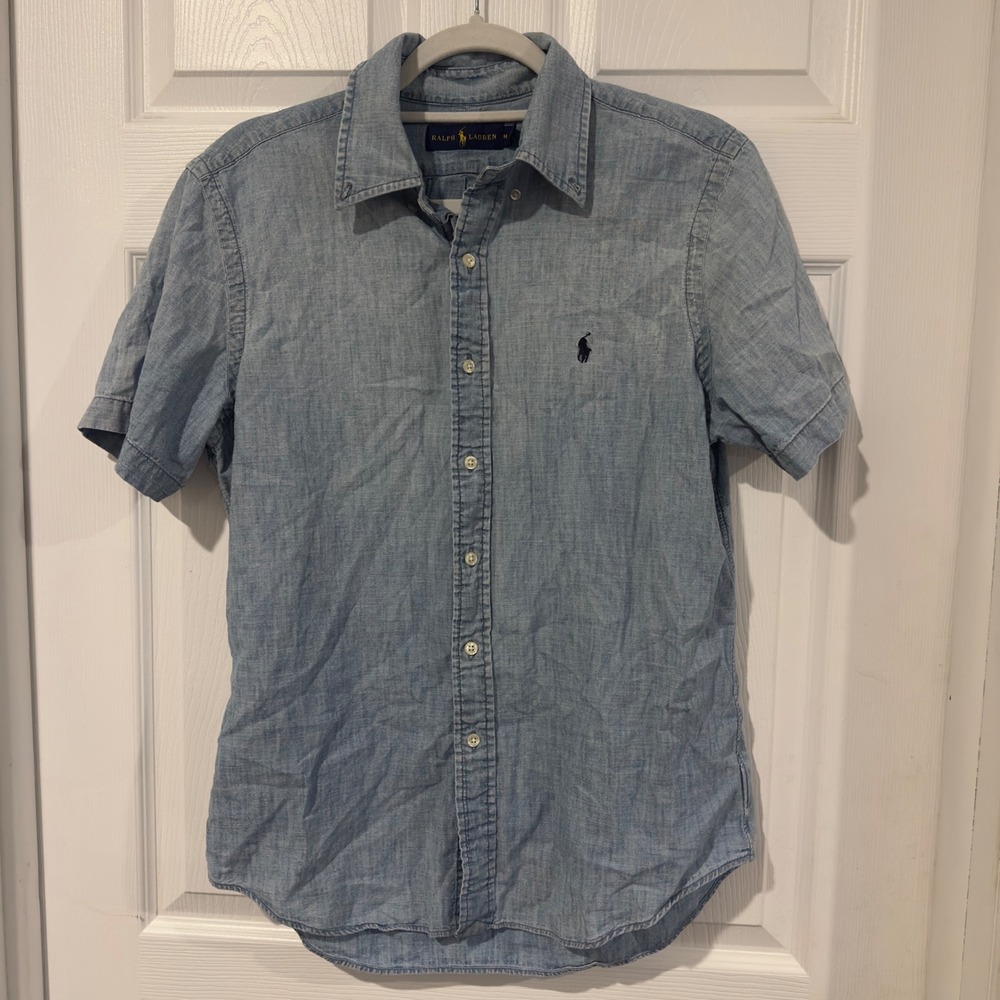 Ralph Lauren Mens M Embroidered Horse Blue Chambray Short Sleeve Button Down